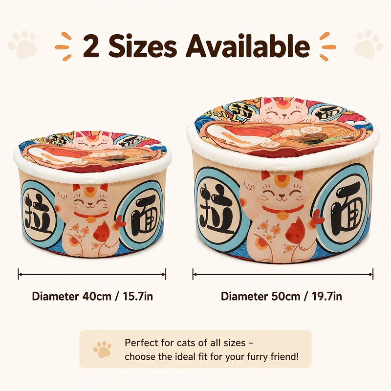 TEMU Panier pour chat avec imprimé de ramen, lit semi-fermé en peluche avec coussin intérieur doux, nid de couchage chaud et confortable pour chats