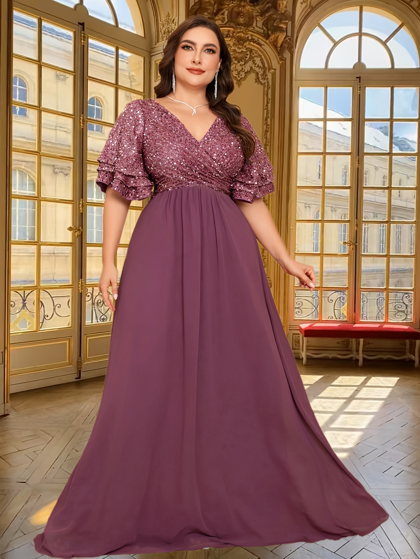 plus size elegant v neck sequin gown flutter sleeves multi Temu