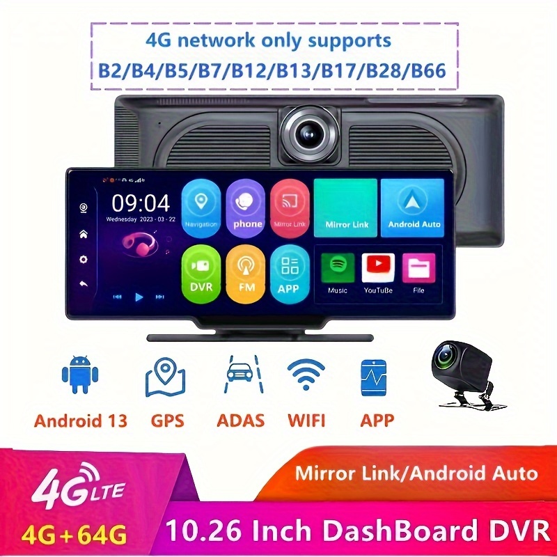 

10.26'' 4g/5g Android 13 Dash Cam: 4+64g, , Gps, 1080p Hd, 24h Parking Monitoring With 2.5k Dash Cam, 1080p Rear Camera, 64g Tf Card