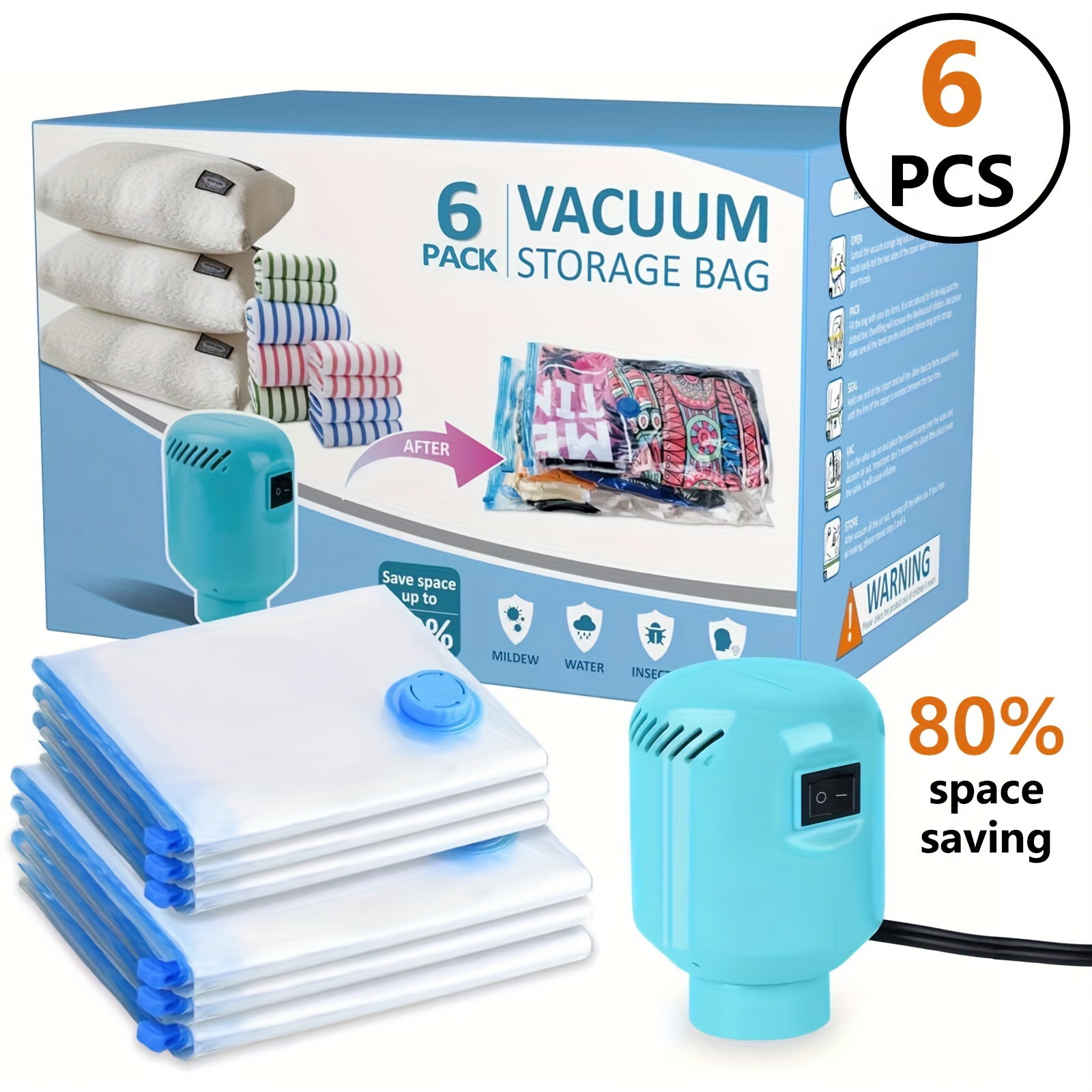 

Vacuum Sealed Bags For Clothing With Electric Pump, 6 Pack Large 32"x 24" Vacuum Storage Bags For Travel Bedding Comforters Blankets Space Saver Vacuum Storage Bags