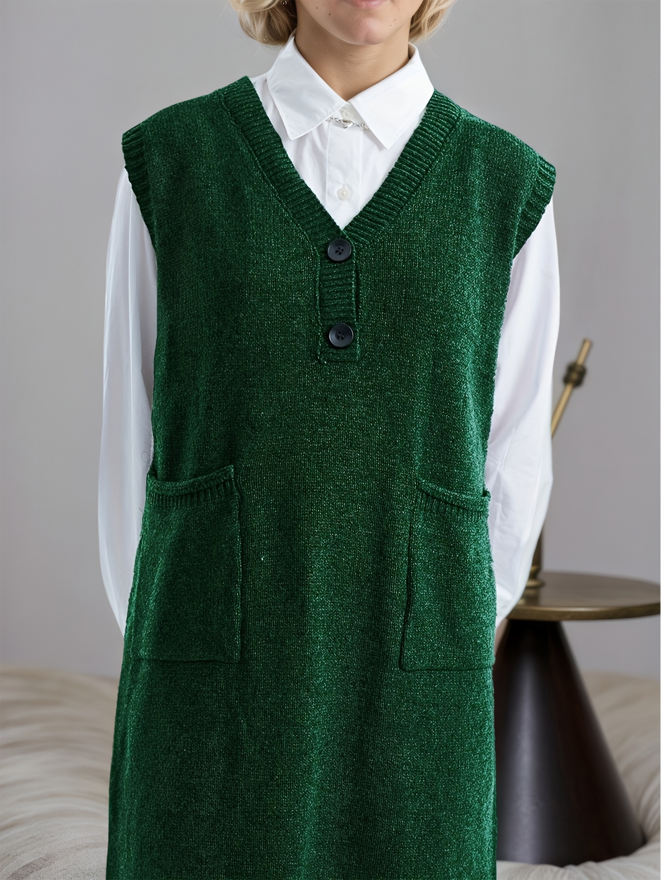 green sweater vest dress womens style outer long dress loose v Style Season Description:WINTER 2023 DELIVERY 2