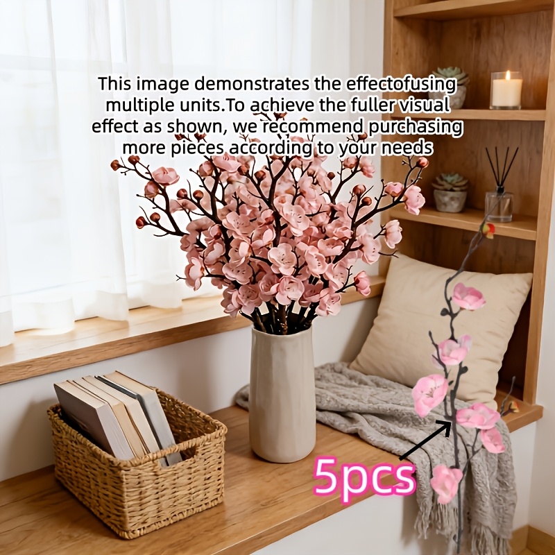 5pcs + Large Artificial Simulated Cloud Plum Faux Flowers - Long Stem Pink , Perfect For Home Decor, Living Room, Tabletop, Room, Kitchen, Vase Decoration, Wedding Decor, Garden Landscaping