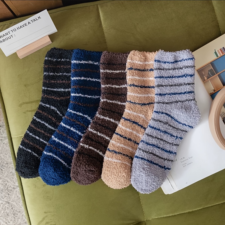 TEMU 3 Pairs/5 Pairs/random Colors Fleece Socks Men's Striped Pattern Mid-calf Socks Autumn Winter Fleece Warm Thick Sleep Socks Suitable For Autumn