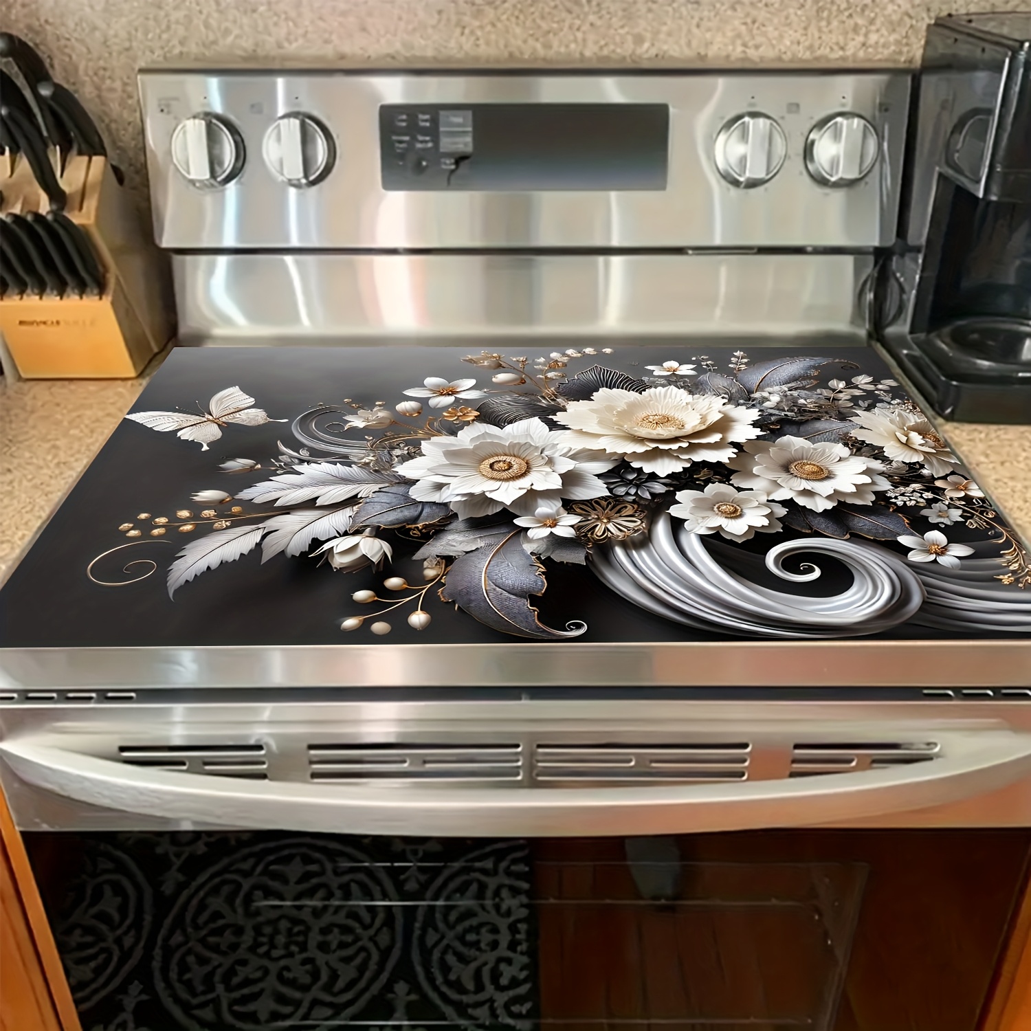 

1pc Elegant Floral & Stove Top Protector, 28.3 X 20.5 Inches, Heat-resistant & Scratchproof Design, Easy To Clean, Black Background With White Flowers & Golden Accents, Electric Glass Stoves