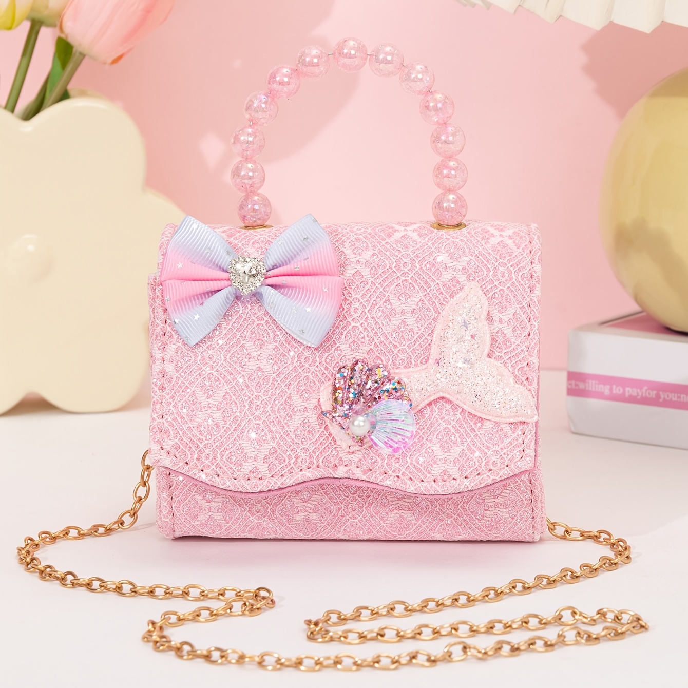 TEMU 1pc Beaded Lace Sequin Crossbody Bag With Gradient Bow, Mermaid Shell Accessory, Girls' Chain Shoulder Bag, Ideal Holiday Gift