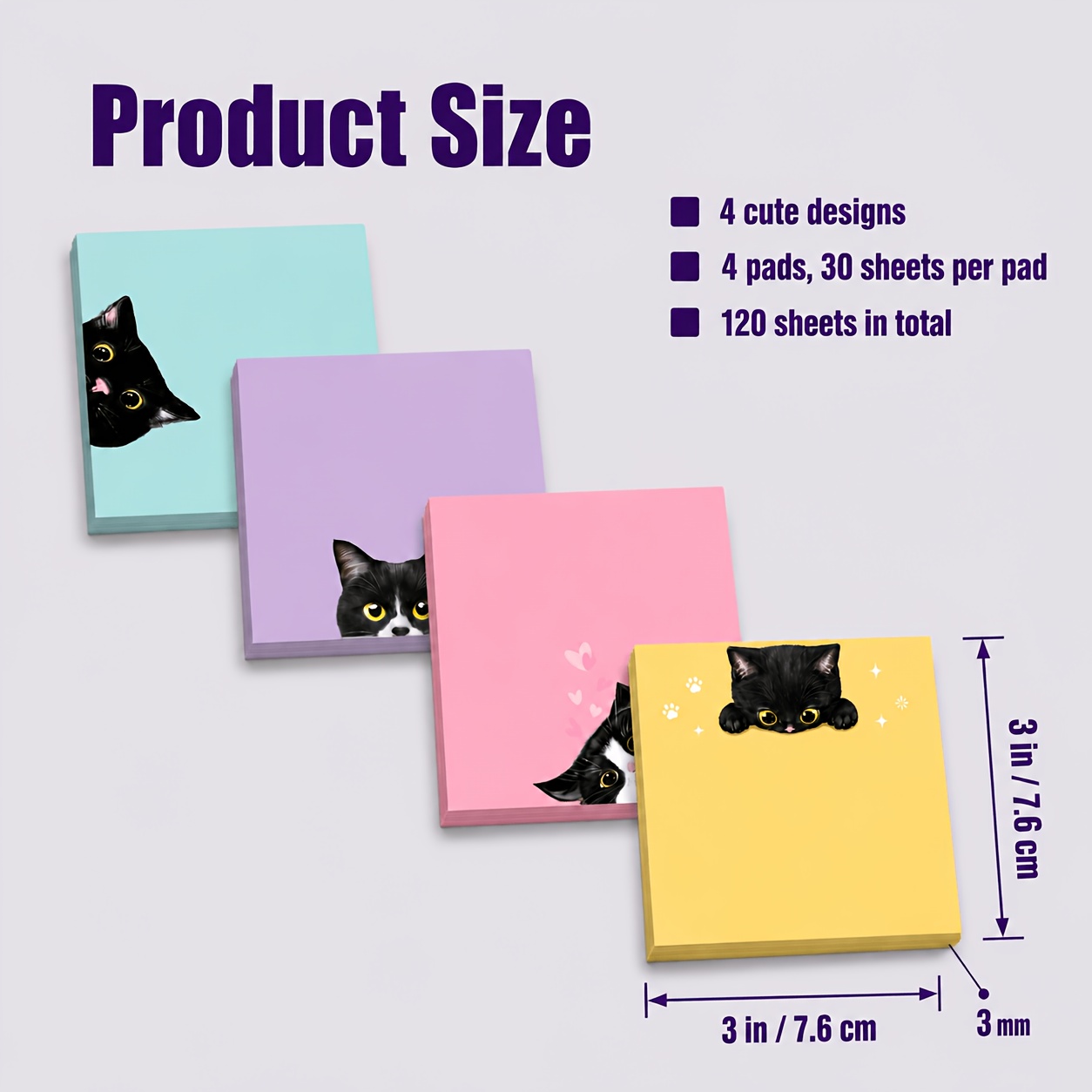 TEMU 4/8 pcs Notes Autocollantes Chat pour Bureau, École et Organisation à - 4 Adorables de Chaton, 30 Feuilles par Bloc, Papeterie Carrée sur le