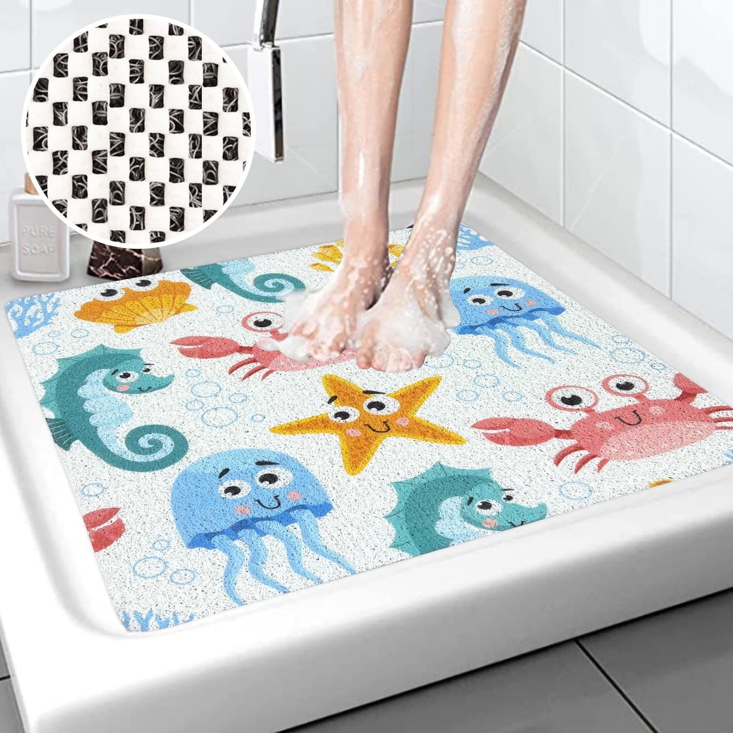 Single-pieceCuteNon-SlipBathtubMat,Square,SuitableforBathrooms,Bathtubs,ShowerRooms,ShowerMats,andHumidAreas.PVCLoofahBathMat,Quick-Drying,Cuttable,CuteBlueOceanFloorShowerMat,Soft,Comfortable,andWater-Draining