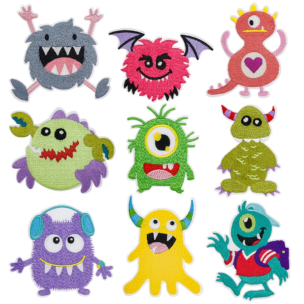 

9-pack Cartoon Monster Iron-on Embroidery Patches, Diy Sew-on Appliques For Phone, Clothing, Backpacks - Fabric Decoration Decals