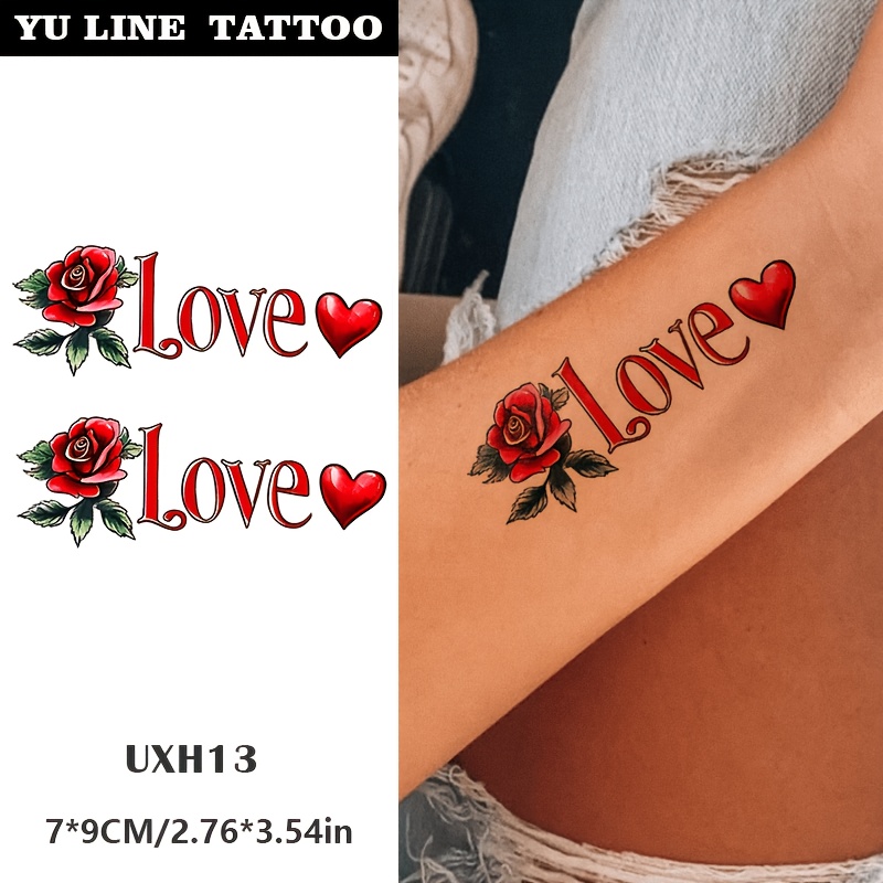 TEMU Adesivo per tatuaggio 1 pz a forma di cuore con rosa e amore, con vintage, scritta "Love" in e un cuore come elementi principali. L'adesivo per