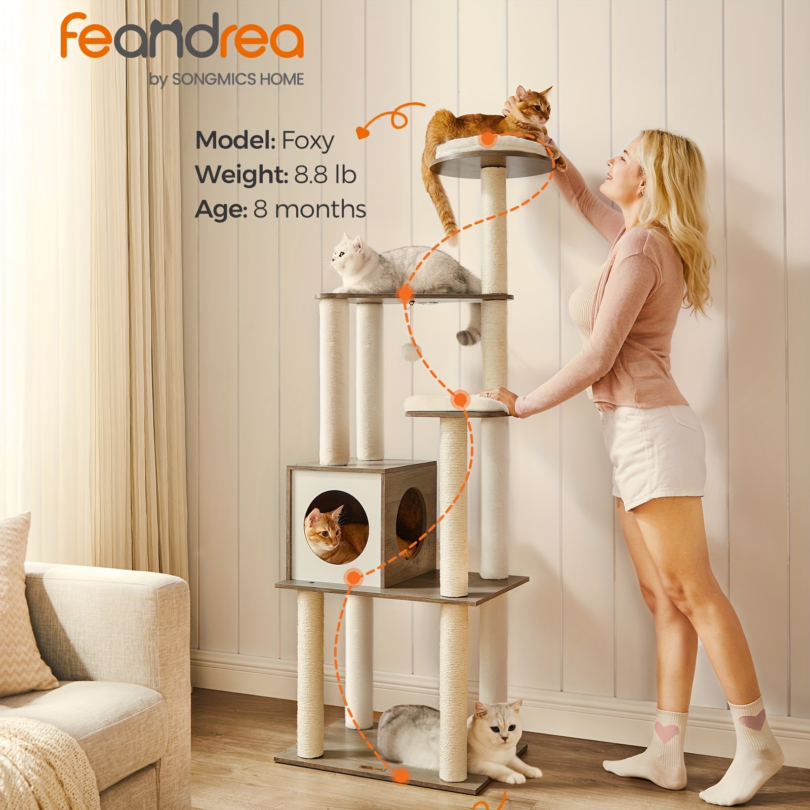 

Feandrea Woody Wonders Cat Tree, 65-inch Modern Cat Tower For Indoor Cats, Multi-level Cat Condo With 5 Scratching Posts, Perch, Washable Removable Cushions, Cat Furniture