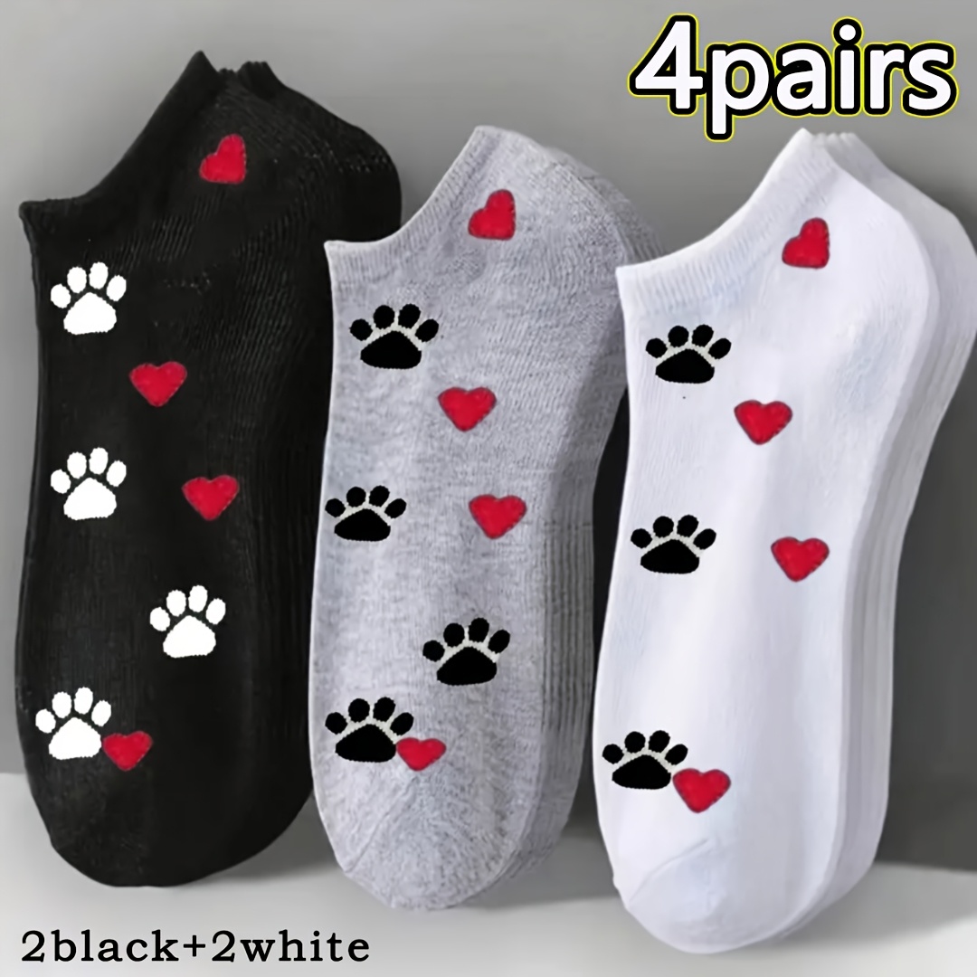 TEMU Lot de 4 paires de chaussettes cheville pour femme, style avec une combinaison de pattes de chat et de cœurs, confortables et , adaptées à un et