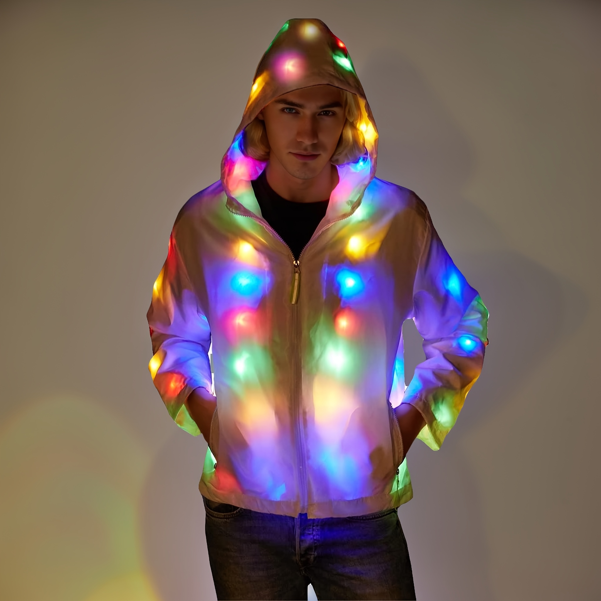 led light up mens hooded jacket with neon multicolor patterns