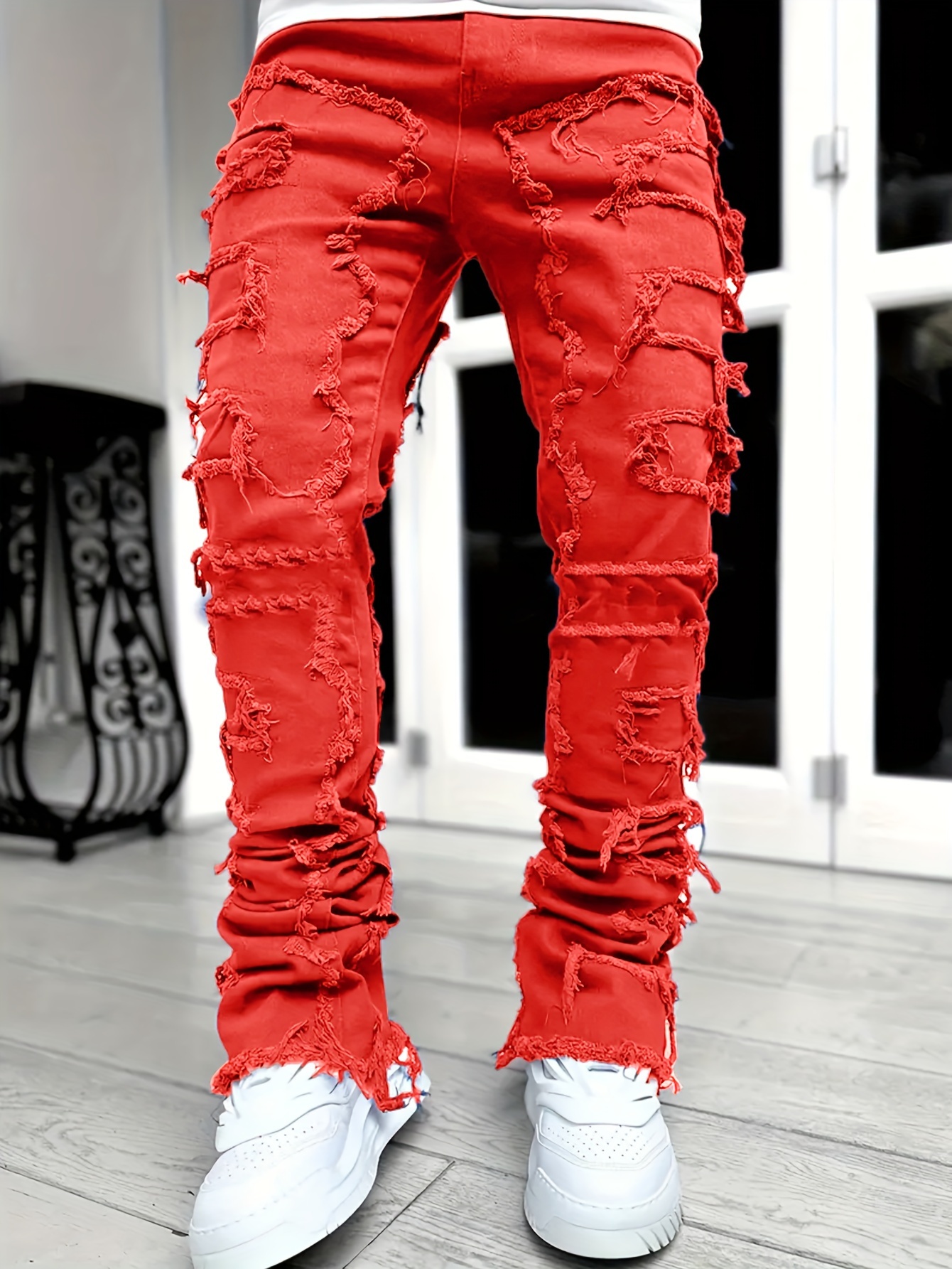 Mens Jeans Red Jeans Boys Kid's Red Ripped Jeans Denim Pants