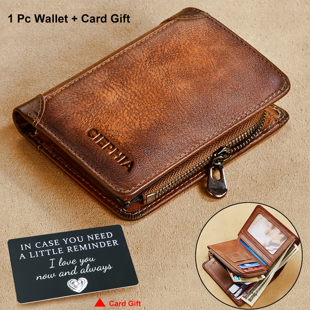 Men's Vintage Genuine Leather Wallet | Rfid Blocking Zippered Purse With Id And Credit Card Holder, Includes Greeting Cards