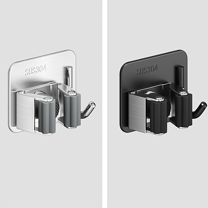 Image of 2pcs Stainless Steel Mop Hook Broom Clip Punch-free Bathroom Wall-mounted Fixed Storage Artifact Broom Holder, Utility Hooks