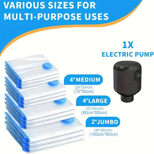 vacuum storage bags with electric pump sealable storage bags compression and sealing space saving bags made of thickened plastic are suitable for clothes mattresses blankets duvets travel moving closets bedding bathrooms quilts