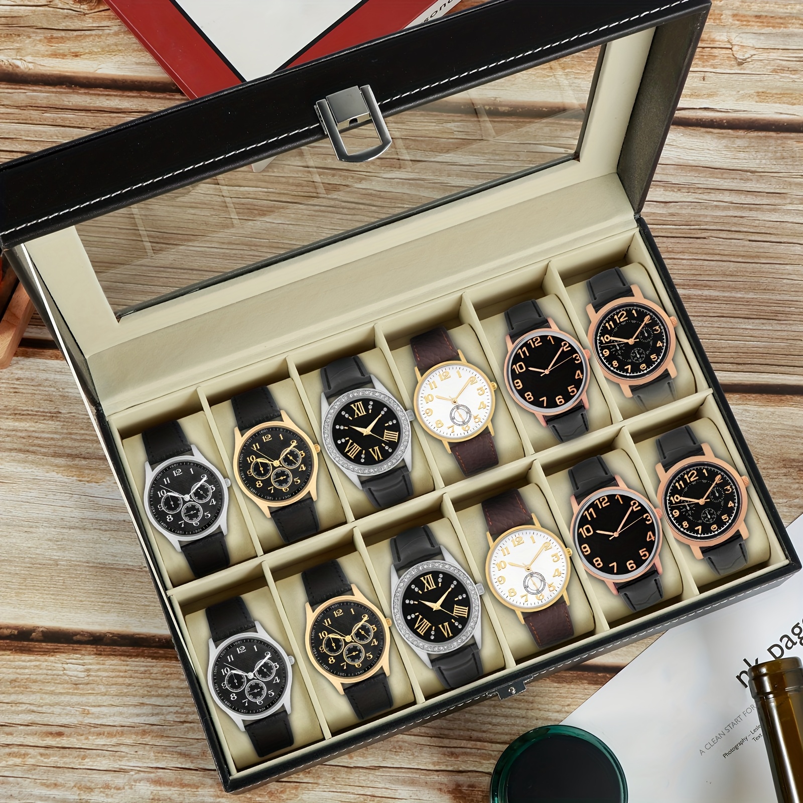 CASE ELEGANCE Boîte à Montres En Bois Massif, Coffret Montres Homme/Femme, Boite De Rangement Pour Montres, Organisateur Avec Vitrine En Verre De, 12 Compartiments