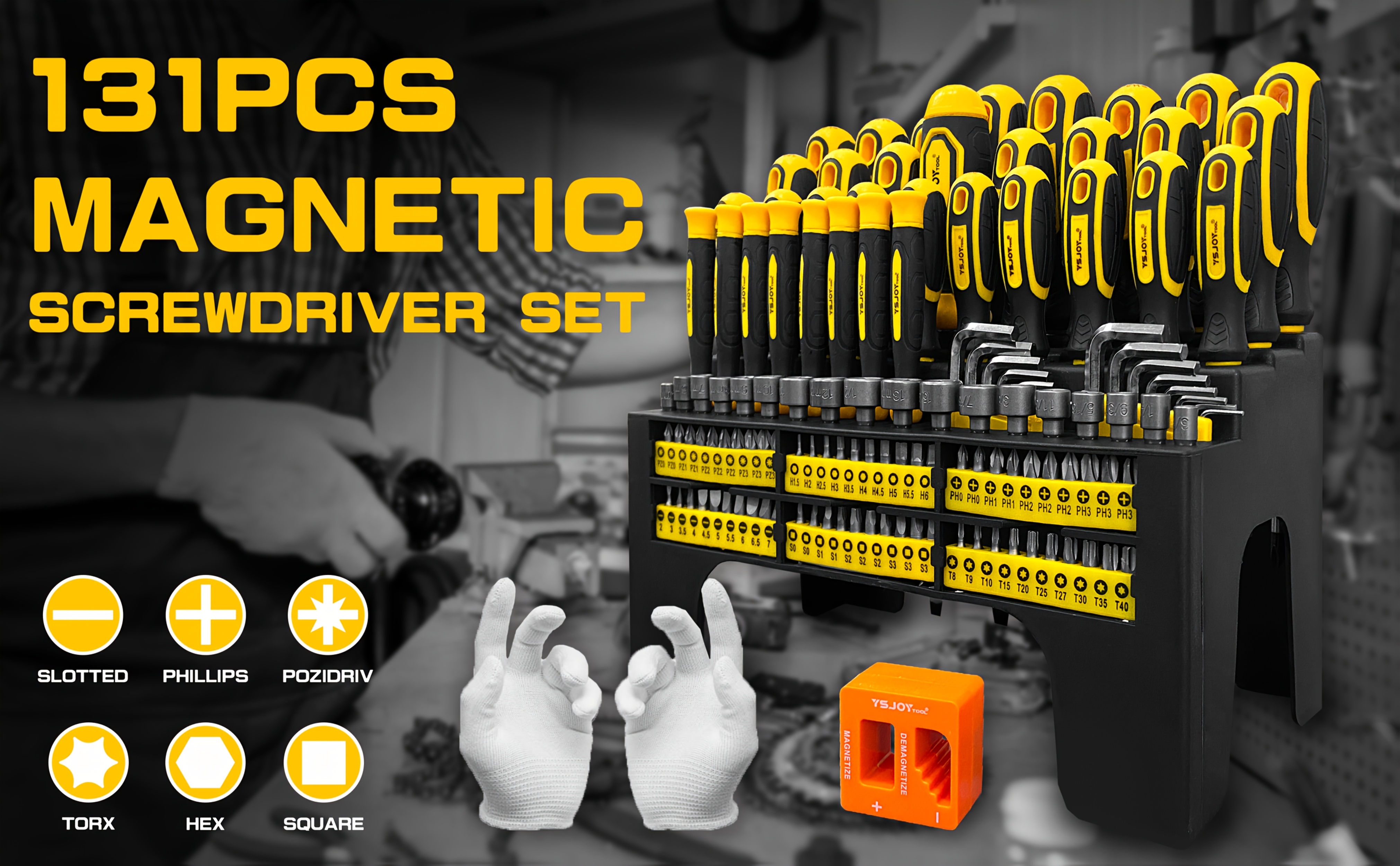 53/121/130 Pcs Magnetic Screwdriver Set, Chrome Vanadium Steel, Multi-Size, Hex Wrench, Flat & Hex Head, Non-Slip Handles, with Storage Rack & Magnetic Bowl,gloves,nail Puller,Screw, DIY Tools for Men Tools Gift