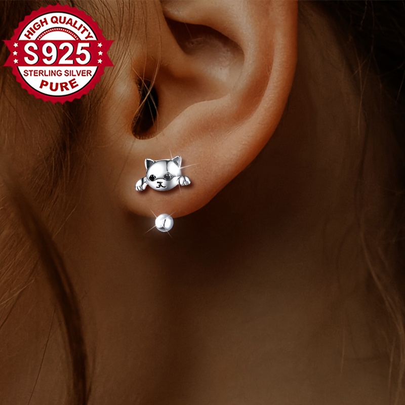 Women's S925 Sterling Silver Vintage Cat Screw Back Earrings