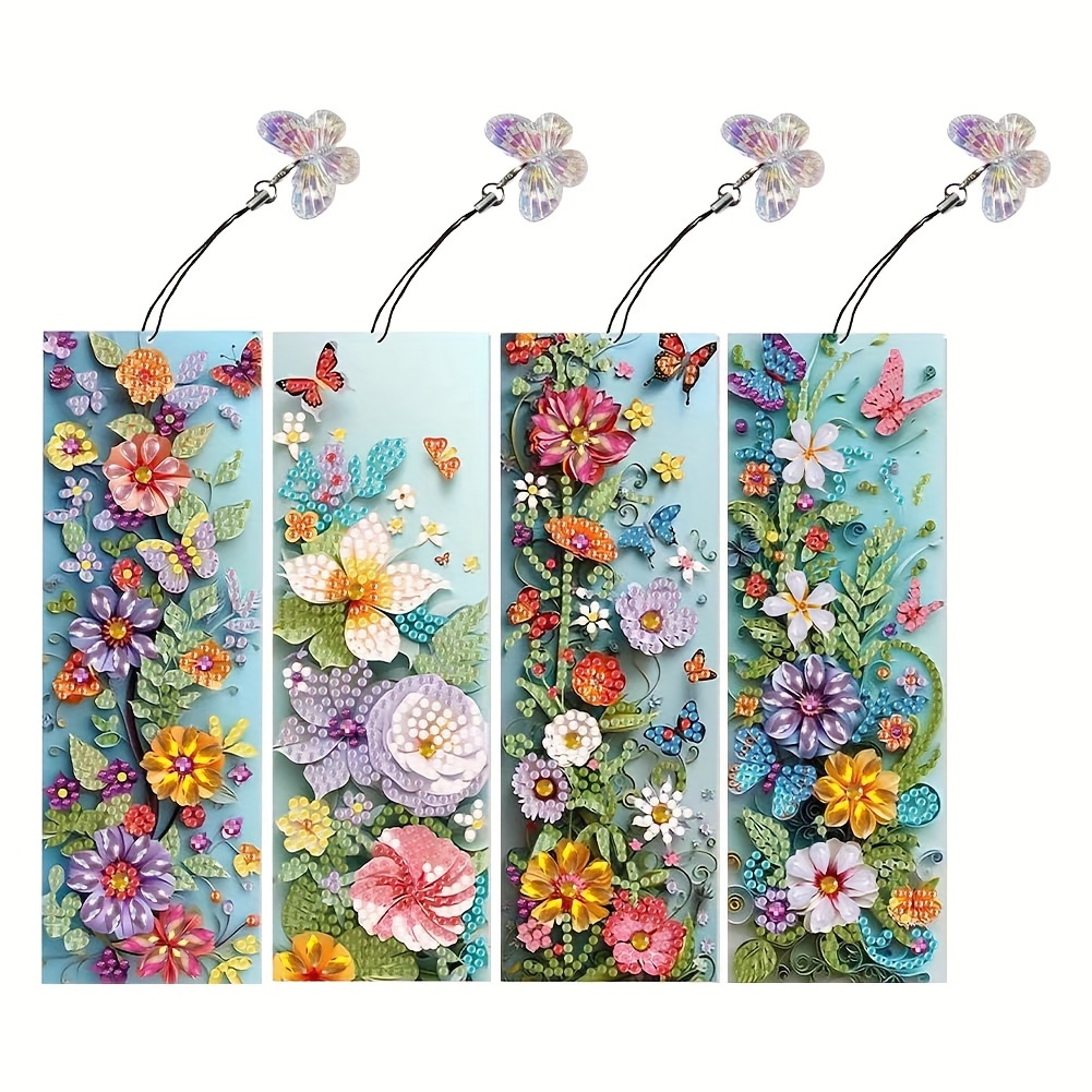 

4-pack Flower-themed 5d Diamond Painting Bookmark Kit With Butterfly Charms, Diy Craft Set With Special Shaped Acrylic Diamonds For Book Enthusiasts And Crafting, Durable Rhinestone Floral Bookmarks