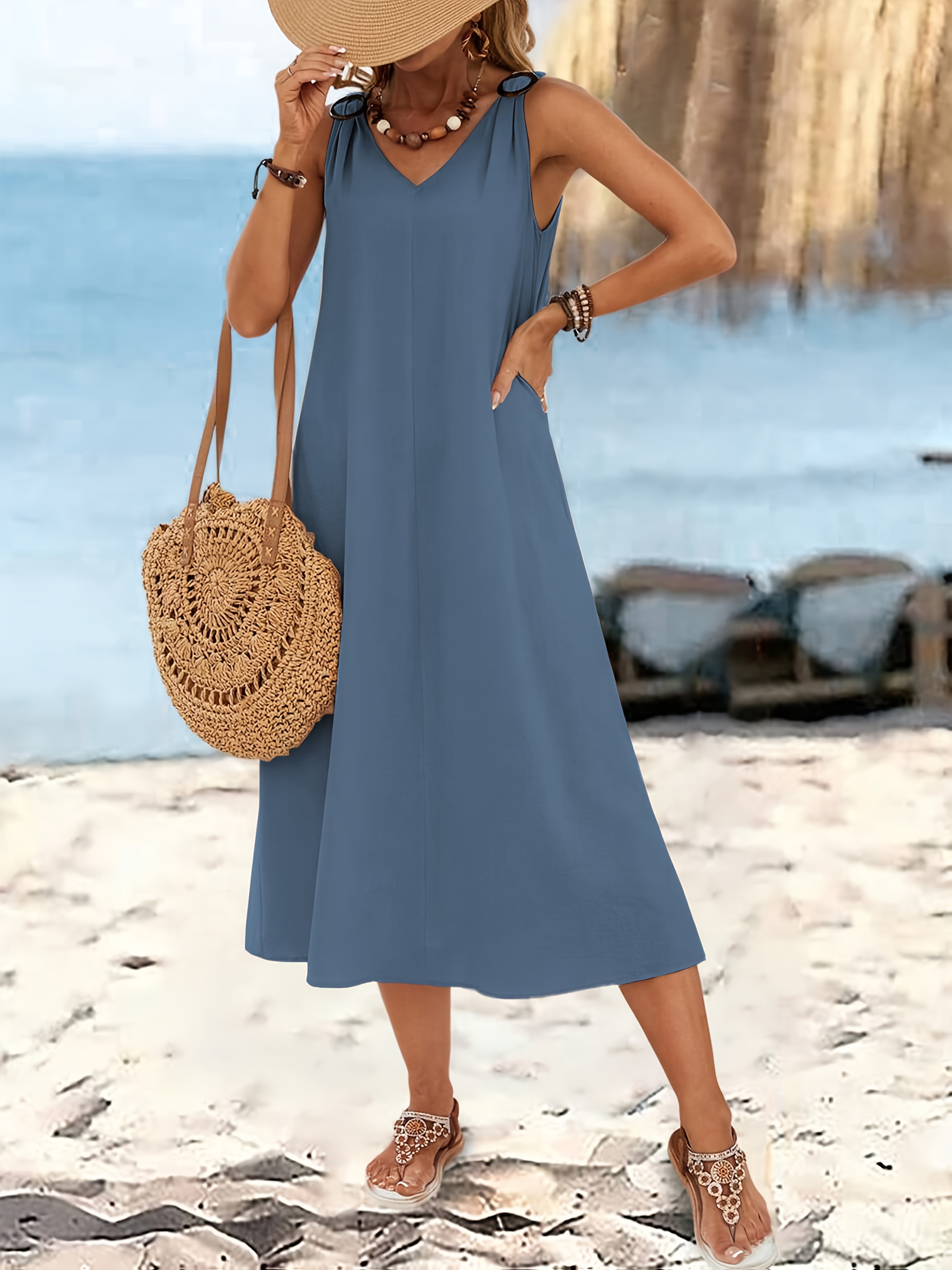 womens elegant beige v neck sleeveless midi dress Temu Saudi Arabia