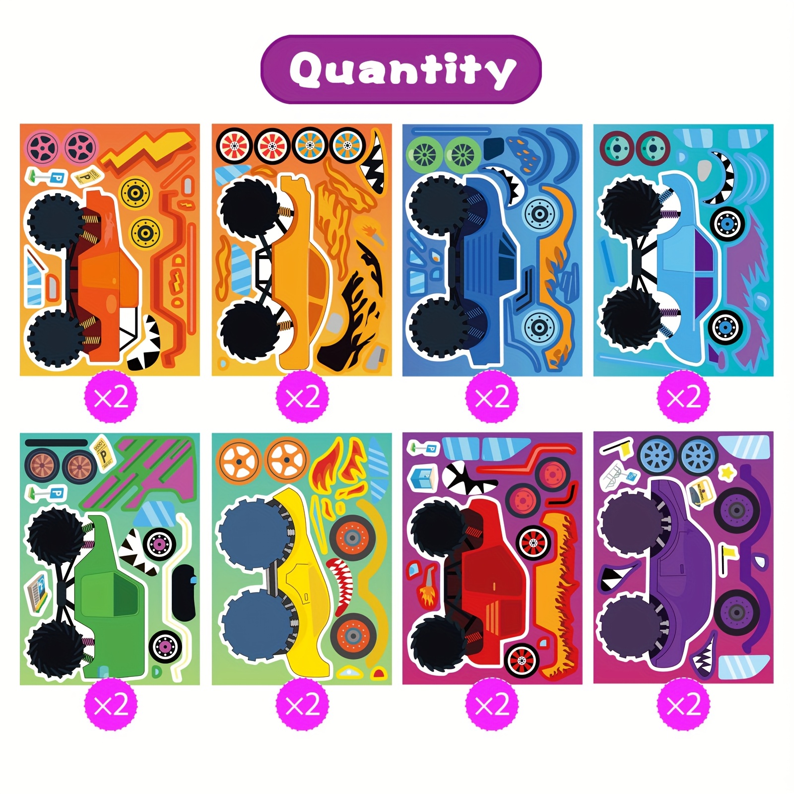 Image of 16pcs Monster Truck Make Your Own Stickers With 8 Designs Truck Party Favors For Monster Truck-themed Birthday Party Decorations Favor Supplies Education Craft Activities Birthday Gift