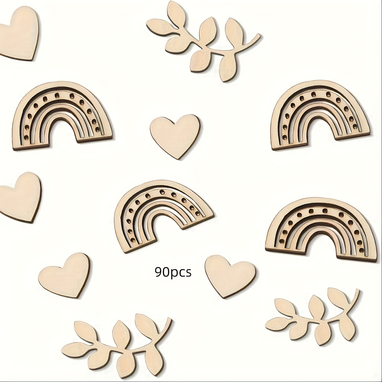 90pcs Wooden Featuring Rainbow, Heart, And Leaf Designs, Bohemian-themed Table Decorations At Baptisms And Birthday Celebrations.