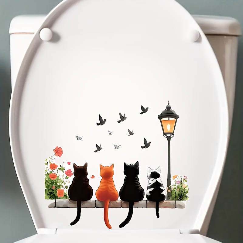 1pc, 4 Cats Sitting Stone Table Pattern Toilet Lid Decorative Stickers, Tank Decal, Suitable For Bathroom, Wall Decoration, Easy To Paste Size