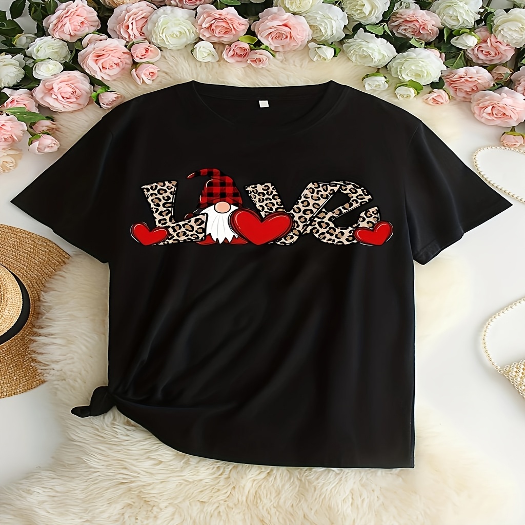 

Plus Size Women's Printed Round Neck Short Sleeve T-shirt 1-8xl For Valentine's Day