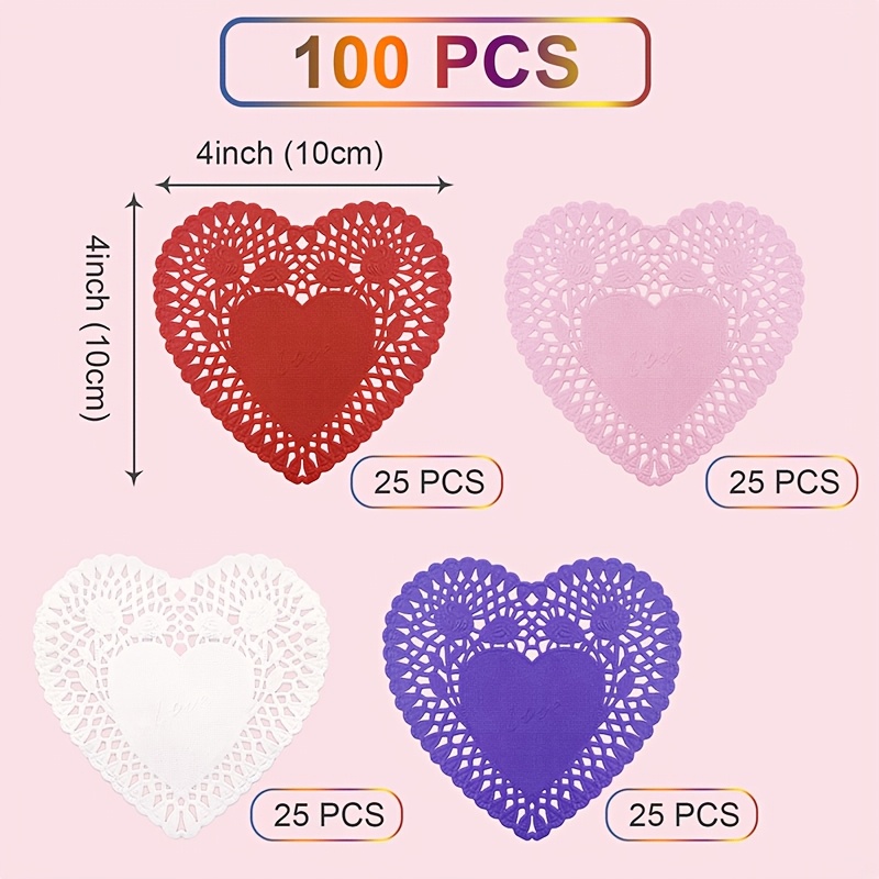 100pcs 4inch/10cm Valentine's Day Heart Doilies Heart-shaped Cutouts Lace Paper Doilies For Crafts, Valentine's Day Mother's Day Wedding Supplies, Red Pink White Purple