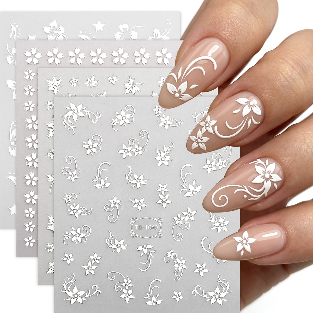 Image of 4pcs Nail Art Stickers, White 3d Maple Self-adhesive Nail Decals For Women Nail Art Supplies