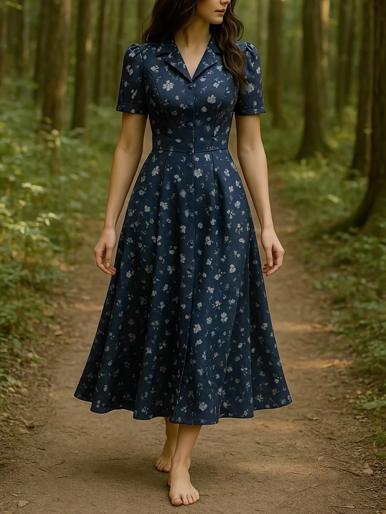   fashionable and elegant navy blue floral print lapel dress spring summer waist cinching midi length dress with a touch of   and high end   for women