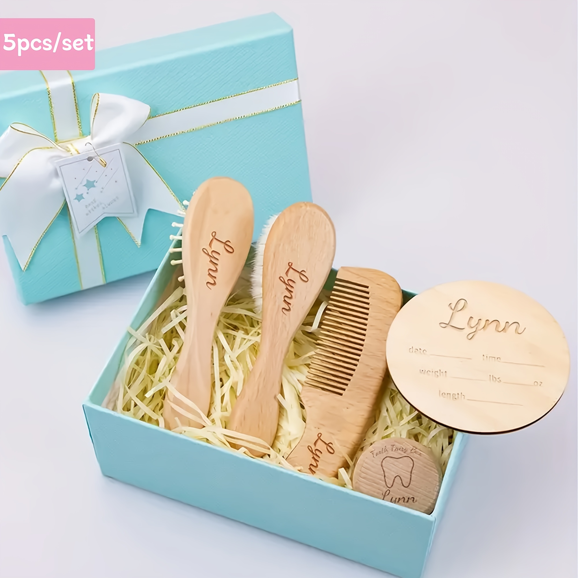 

5pcs/set Personalized Brush And Comb Set, With Wooden Tooth Box And Growth Milestone Plaque, Wool Bristles, Handle, Normal Hair Finishing Comb