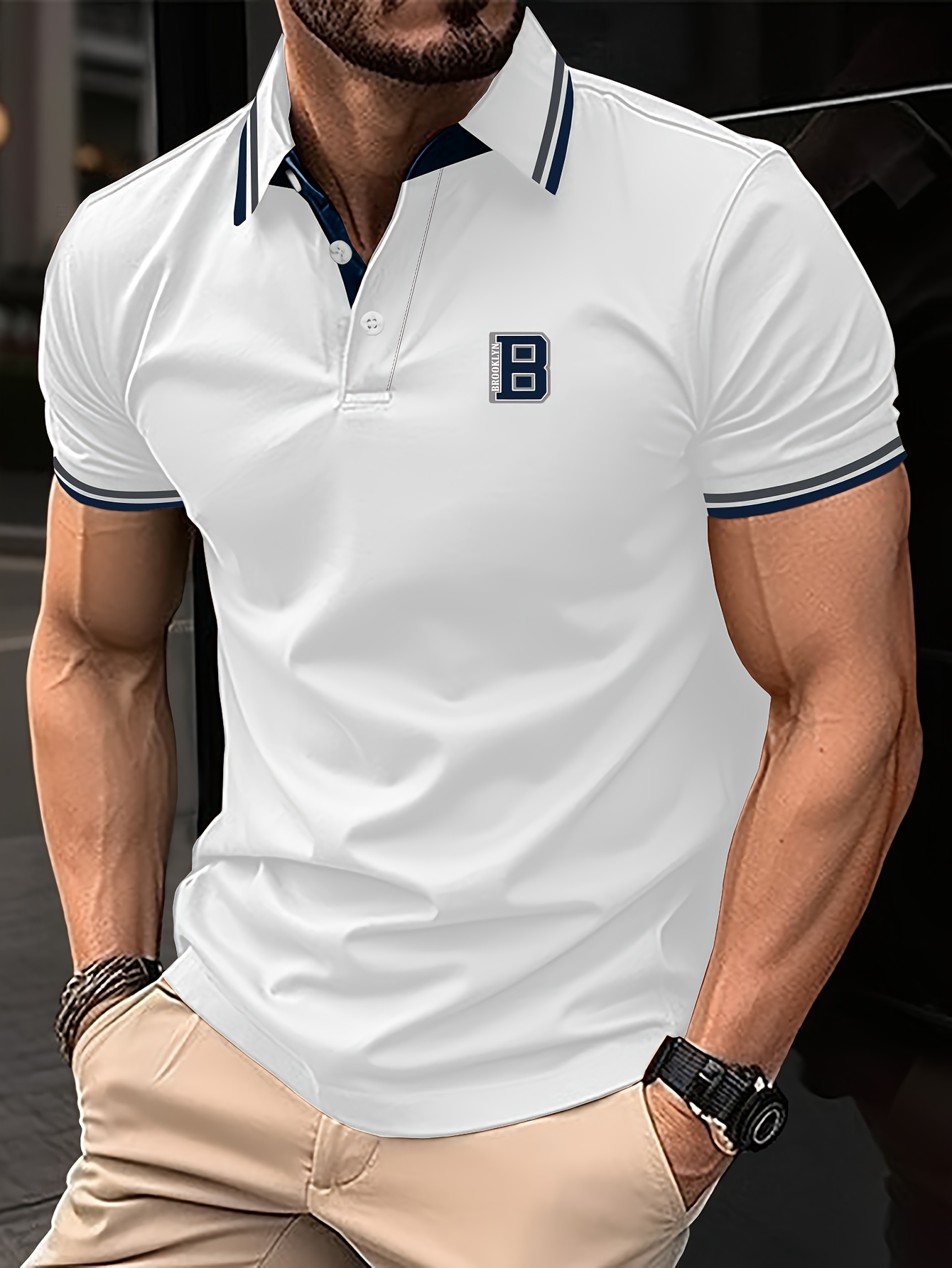mens summer short sleeve   shirt with a stylish color   striped collar for casual wear milky 0