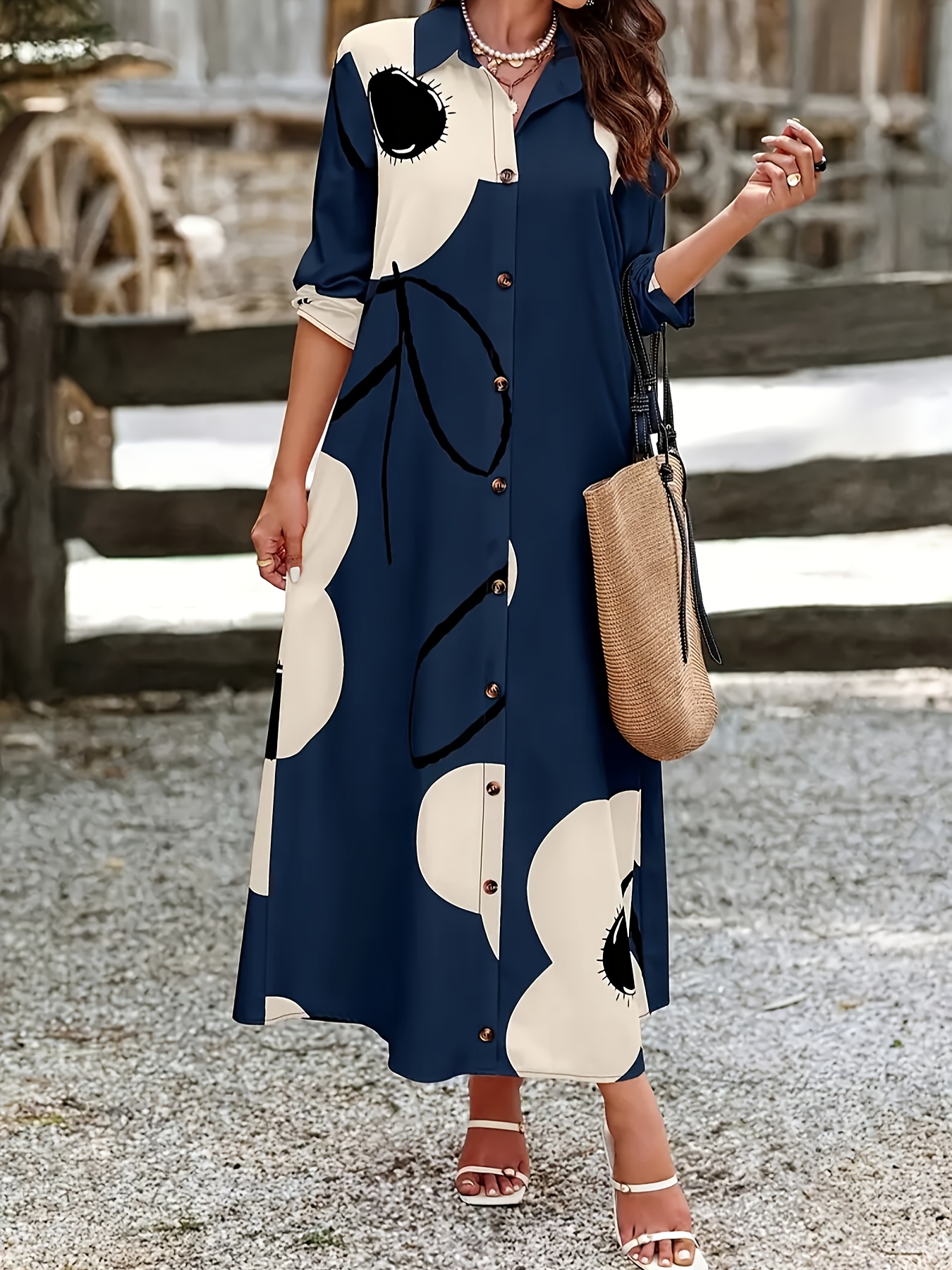 ladies floral shirt dress Linen Blend Floral Midi Shirt Dress | Shirt Dress
