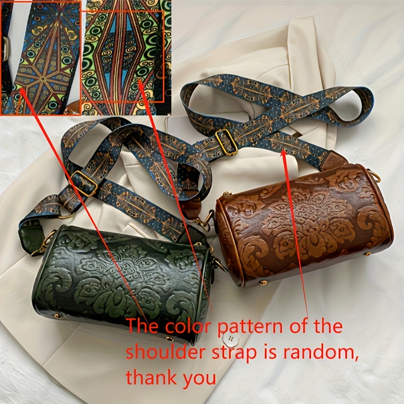 

Flower Embossed Boston Bag, Vintage Cylinder Bucket Bag, Trendy Mini Crossbody Bag With Bohemian Strap