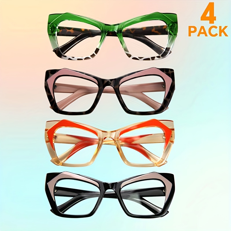 

4pcs Women's Cat Eye Clear Lens Glasses - Color Block, Blue Light Blocking, Metal Hinge For Parties & Everyday Fashion