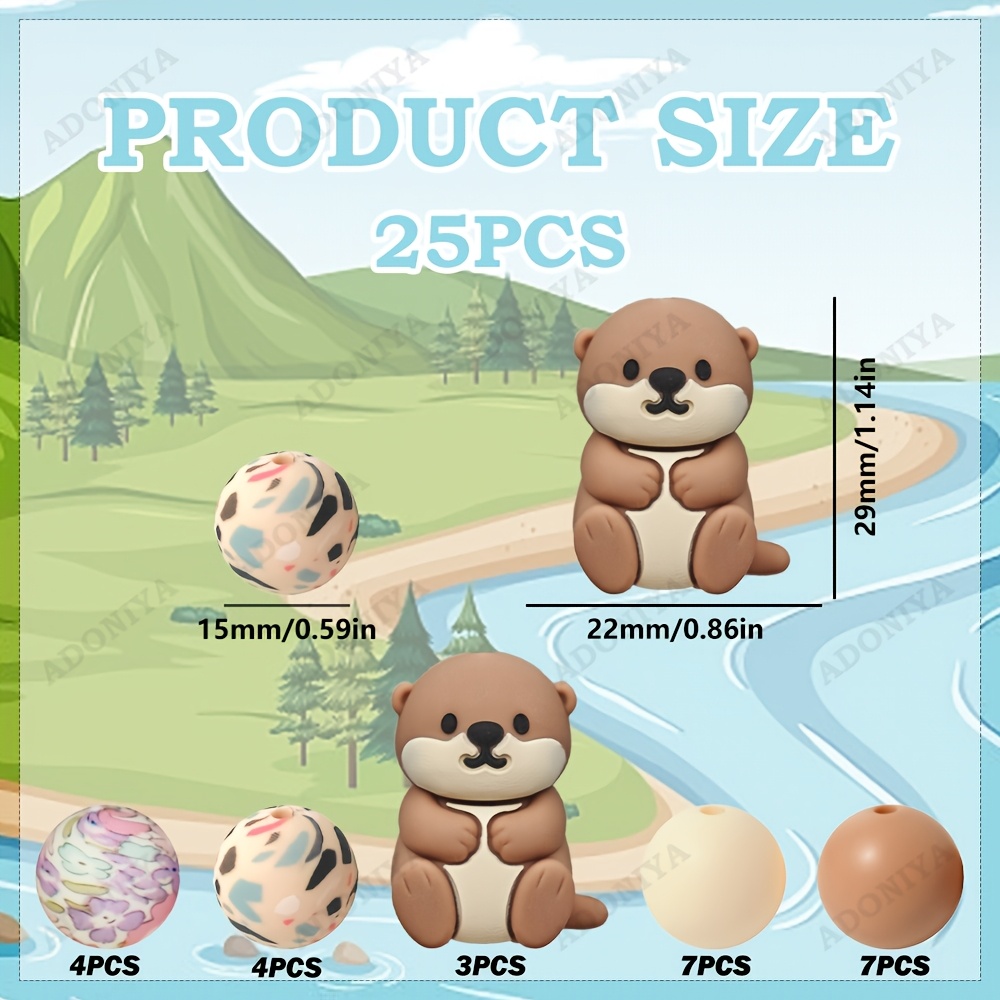 TEMU 25pcs Cartoon Otter Shaped Silicone Bead Set Handmade Enthusiast Additions, Suitable For Bead Pens, Bracelets, Necklaces, Etc., Multi-style