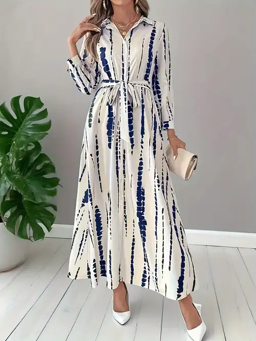 women's bohemian tie-dye print dress with adjustable waist belt & button front - long sleeve -length elegant regular fit machine washable spring/fall casual to semi-formal dress, semiformal attire, durable fashion | Great women's bohemian tie-dye print dress with adjustable waist belt & button front - long sleeve -length elegant regular fit machine washable spring/fall casual to semi-formal dress, semiformal attire, durable fashion | Great