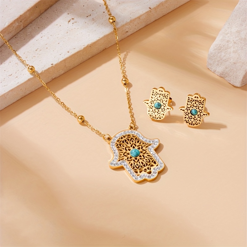 

1 Ensemble de Bijoux en Acier Inoxydable Style Punk Vintage, Design de Évidée avec Incrustation de Turquoise, Collier et Boucles d'Oreilles pour Femmes, Idéal pour les Fêtes et les de Cadeaux