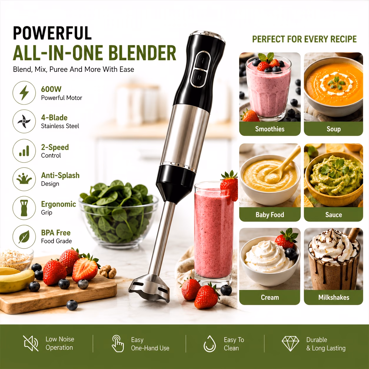600W Portable Stainless Steel Handheld Blender&com...