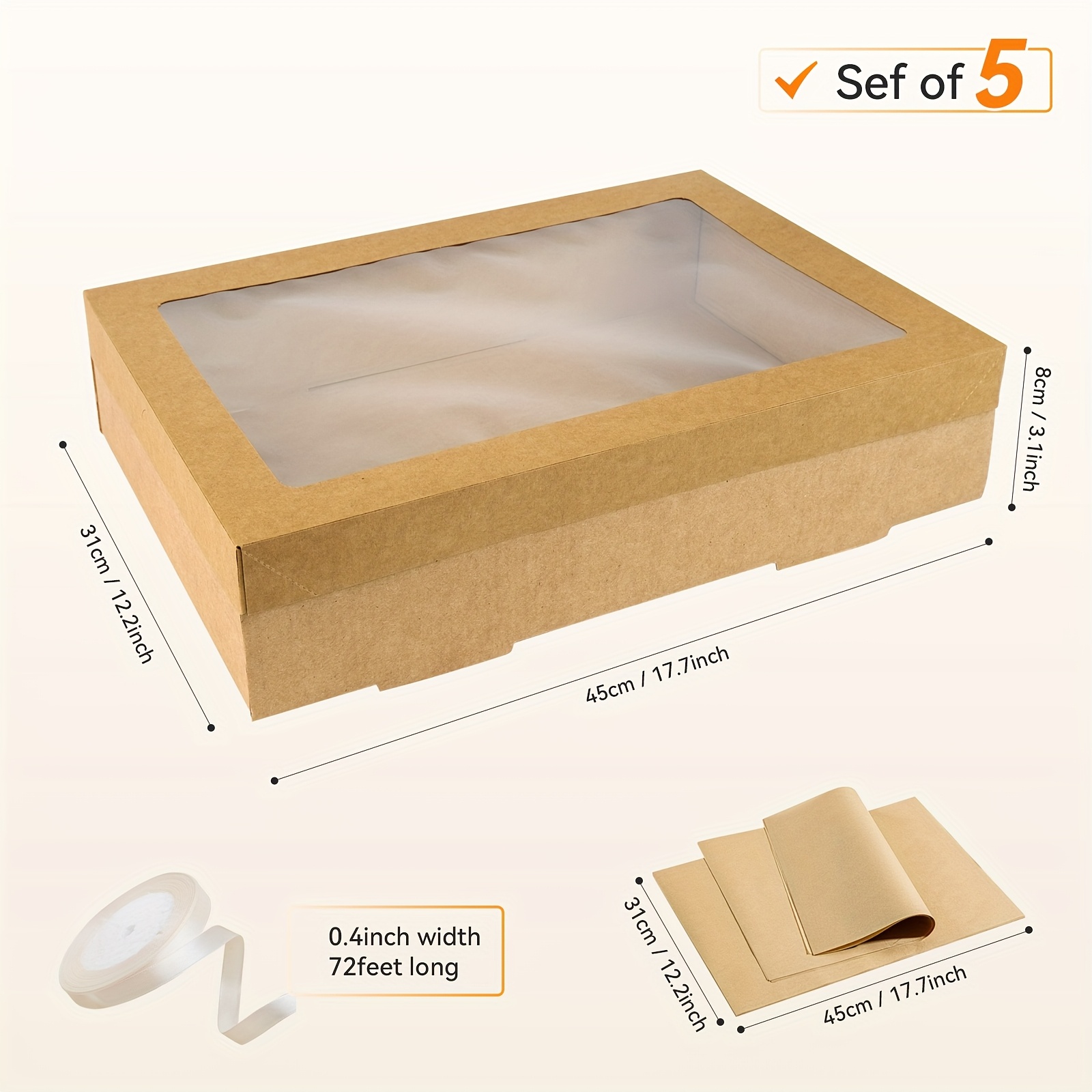 TEMU 5 Pack Bakery Box With Clear Window Lid, Foldable Brown Food Wrapping Tray With Greaseproof Paper For , Donuts, Pies, Picnic, Gift Packaging