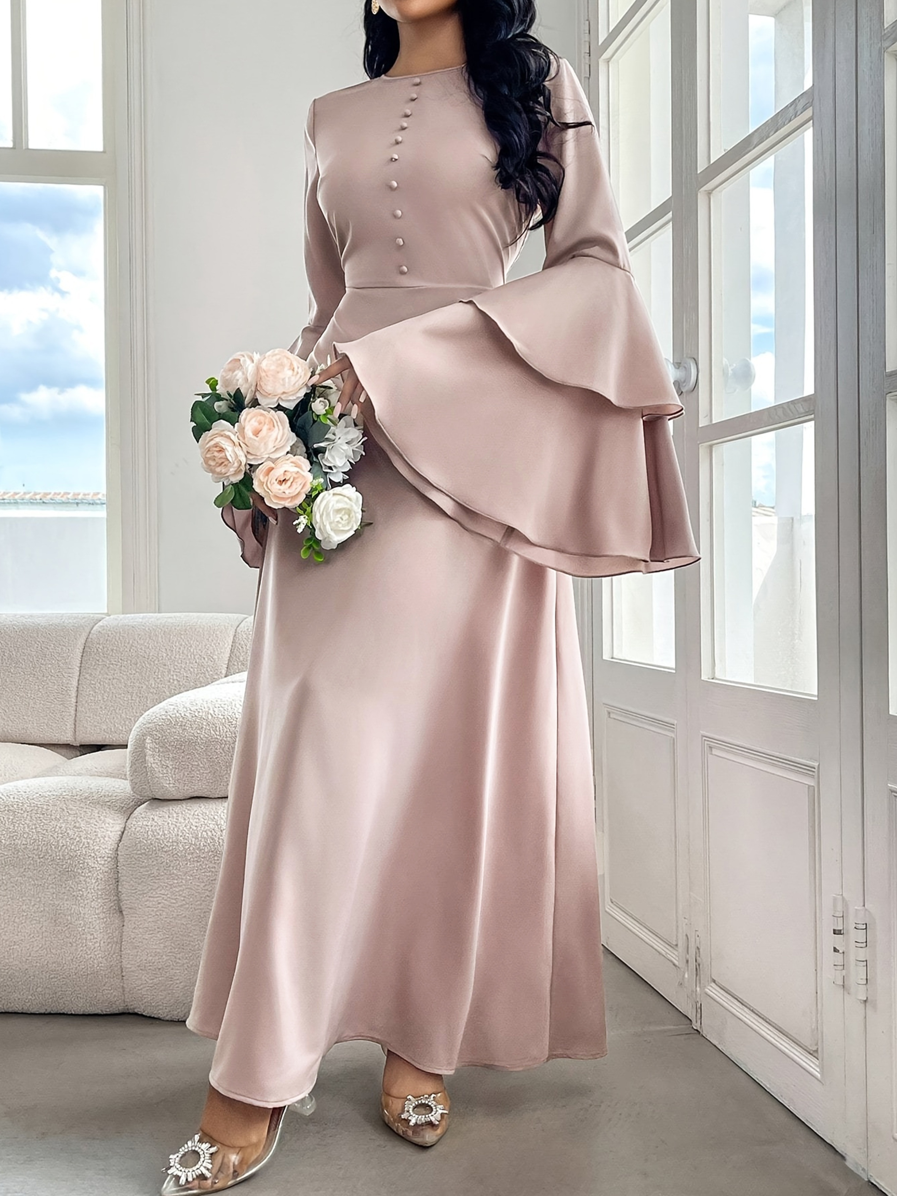 vestido elegante cuello mujer botones decorativos Temu Ecuador