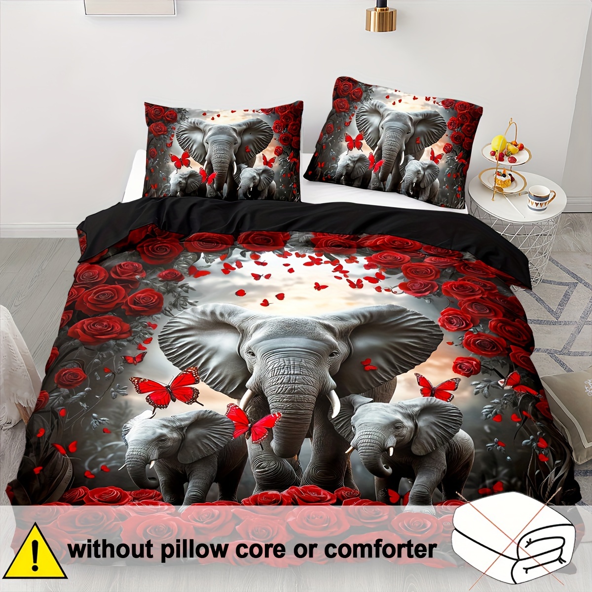 TEMU 2/3pcs Elephant Bedding With Red Roses, Featuring A Duvet Cover Set And Designs For Bedroom Decoration In Guest Rooms, Including 1 Duvet Cover And 1/2 Pillowcase, Without Filling