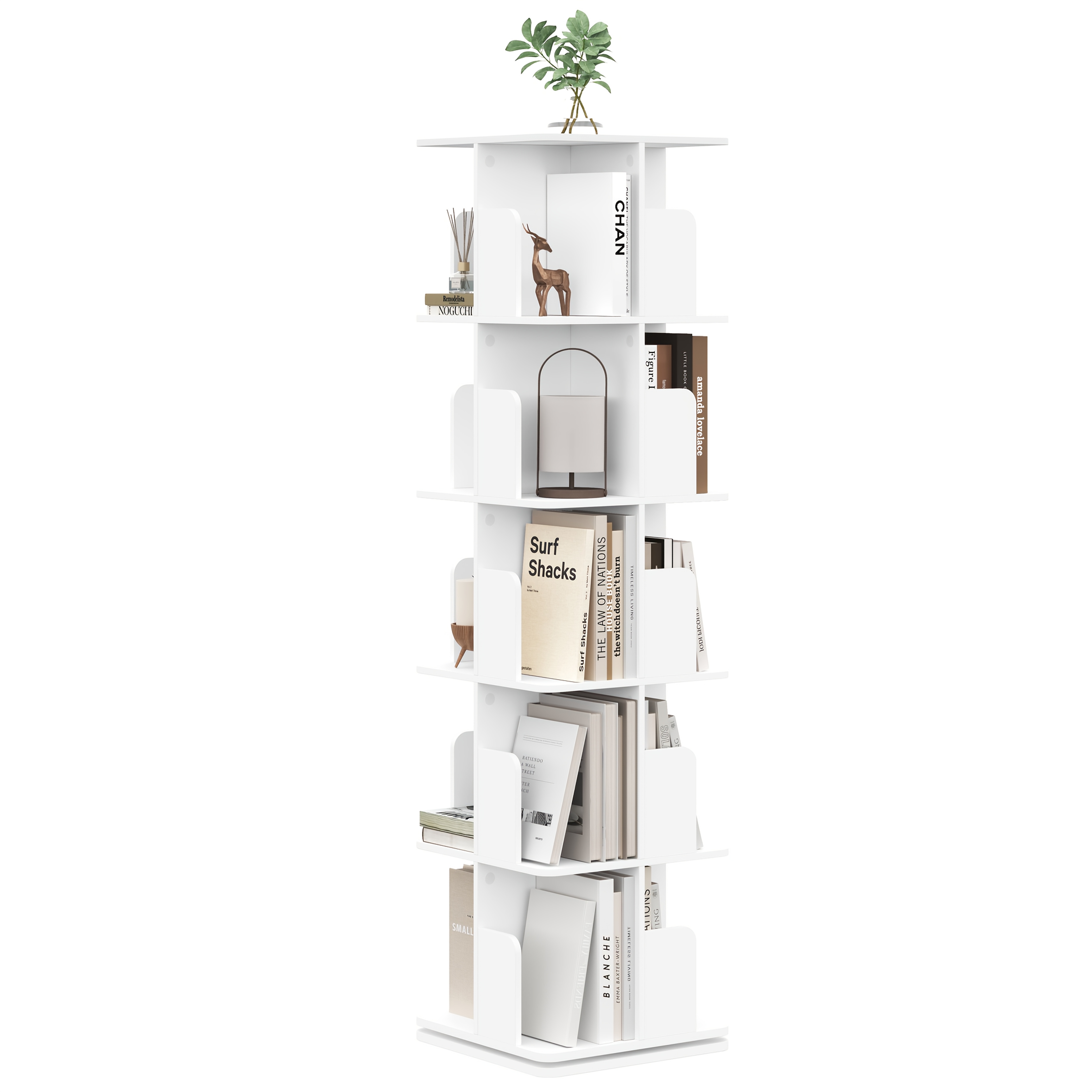 Bookshelf, Rotating Bookshelf, -tier Bookshelf, Floor-standing Bookshelf, Suitable For Offices And Studies, 40 X 155 X 40cm, White, Light Wood Grain Color