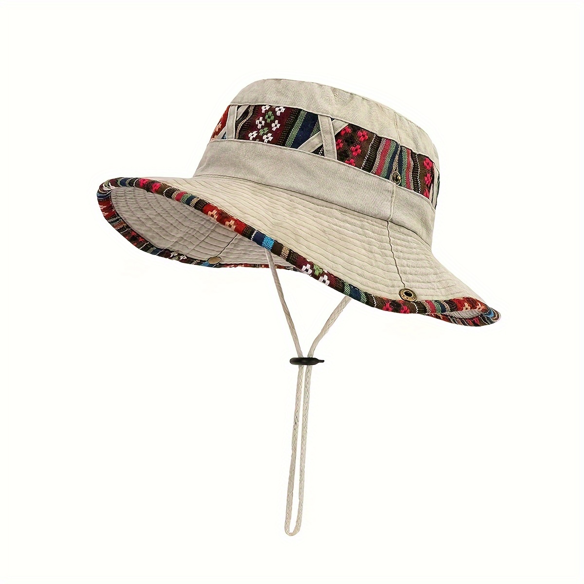 TEMU Men's Sporty Wide Brim Bucket Hat With Adjustable Chin Strap - Breathable Polyester, Sun Protection For Outdoor Camping & Fishing, Colorful Braided Design, Hand Washable, Camping Accessorie