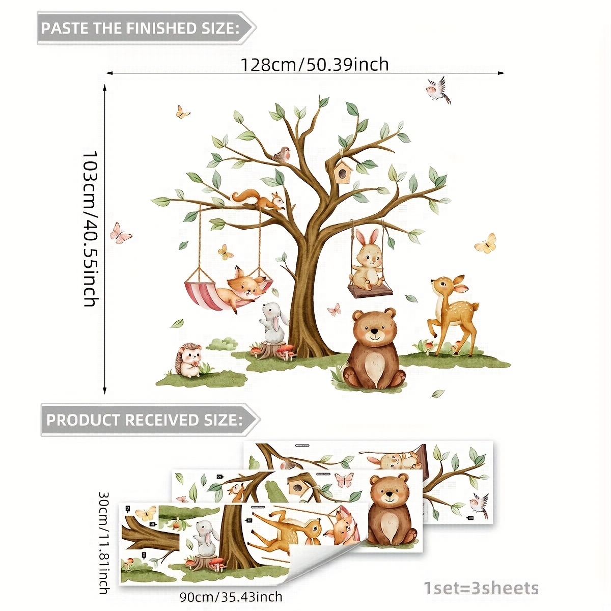 Image of A Set Of 3 Self-adhesive Wall Stickers Featuring A , Swing, Fox, Rabbit, Leaves And Butterflies, Suitable For Decorating The Background Of Living Rooms, Bedrooms And Home Furnishings
