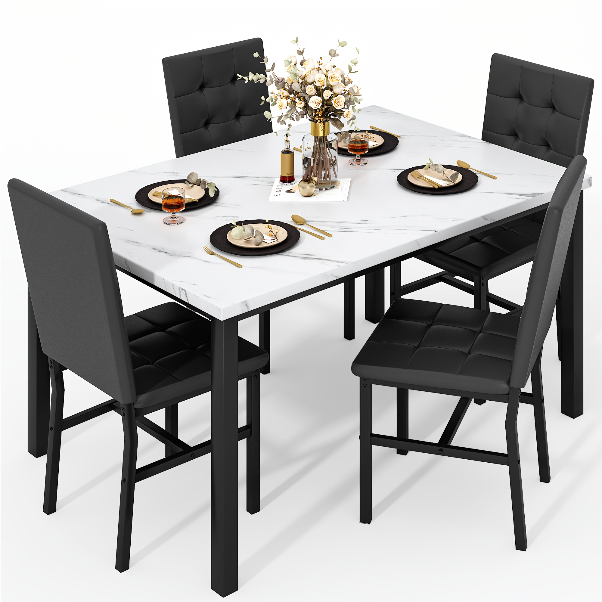 LAMERGE 5pcs Of Dining Table Set, Dining Room Table Set Can Be Used By 4 People, Kitchen Table Set, 1 Artificial Anti-marble Pattern Table And 4 Metal Legs Chairs, Suitable for Living Room, Dining Room, Kitchen Furniture