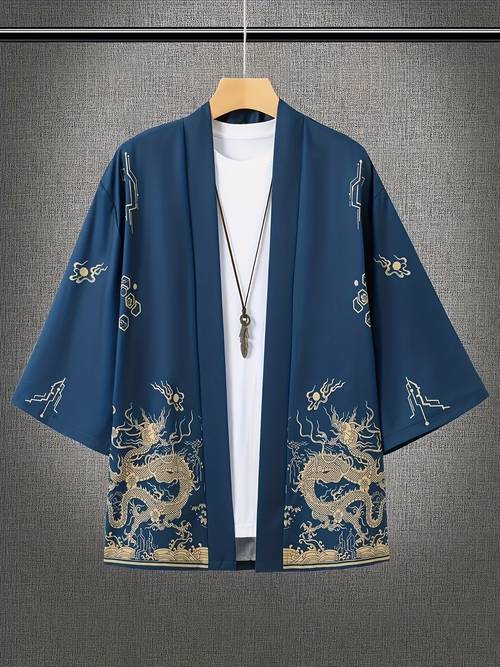 dragon pattern open front kimono shirt lightweight polyester loose fit machine washable casual wear multi color and size options please refer to size chart