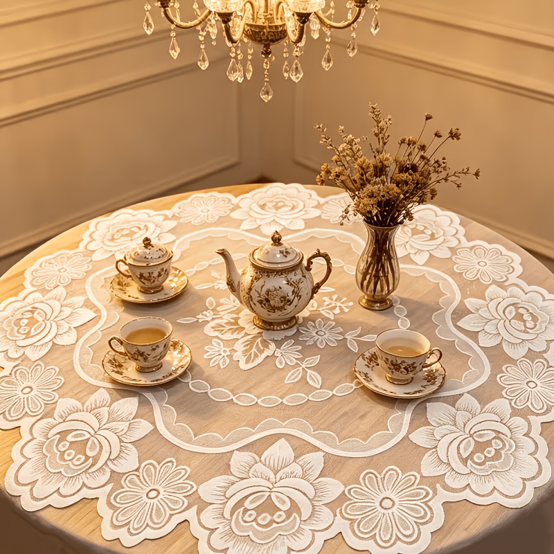 TEMU 90cm Round Tablecloth Suitable For Dining Table Decor - White Lace Floral Table Cover With Hollow Embroidery, Machine-made Lace Suitable,